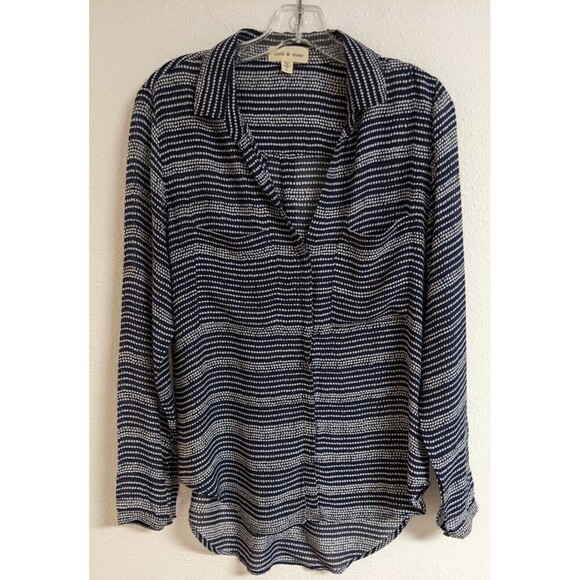 Cloth & Stone Tops - CLOTH & STONE Navy/White Dotted 100% Rayon Button-Up Long Sleeve Shirt Small